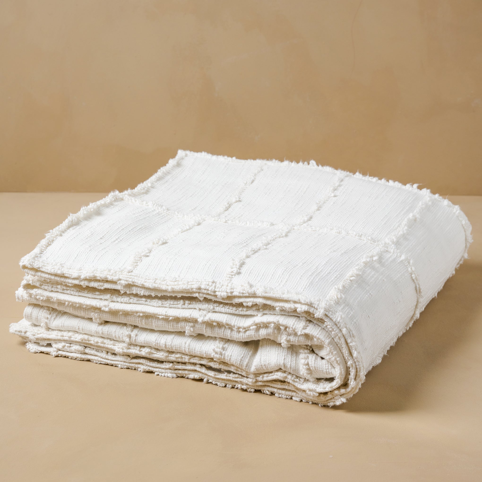 Folded Optic White Textured Cotton Coverlet