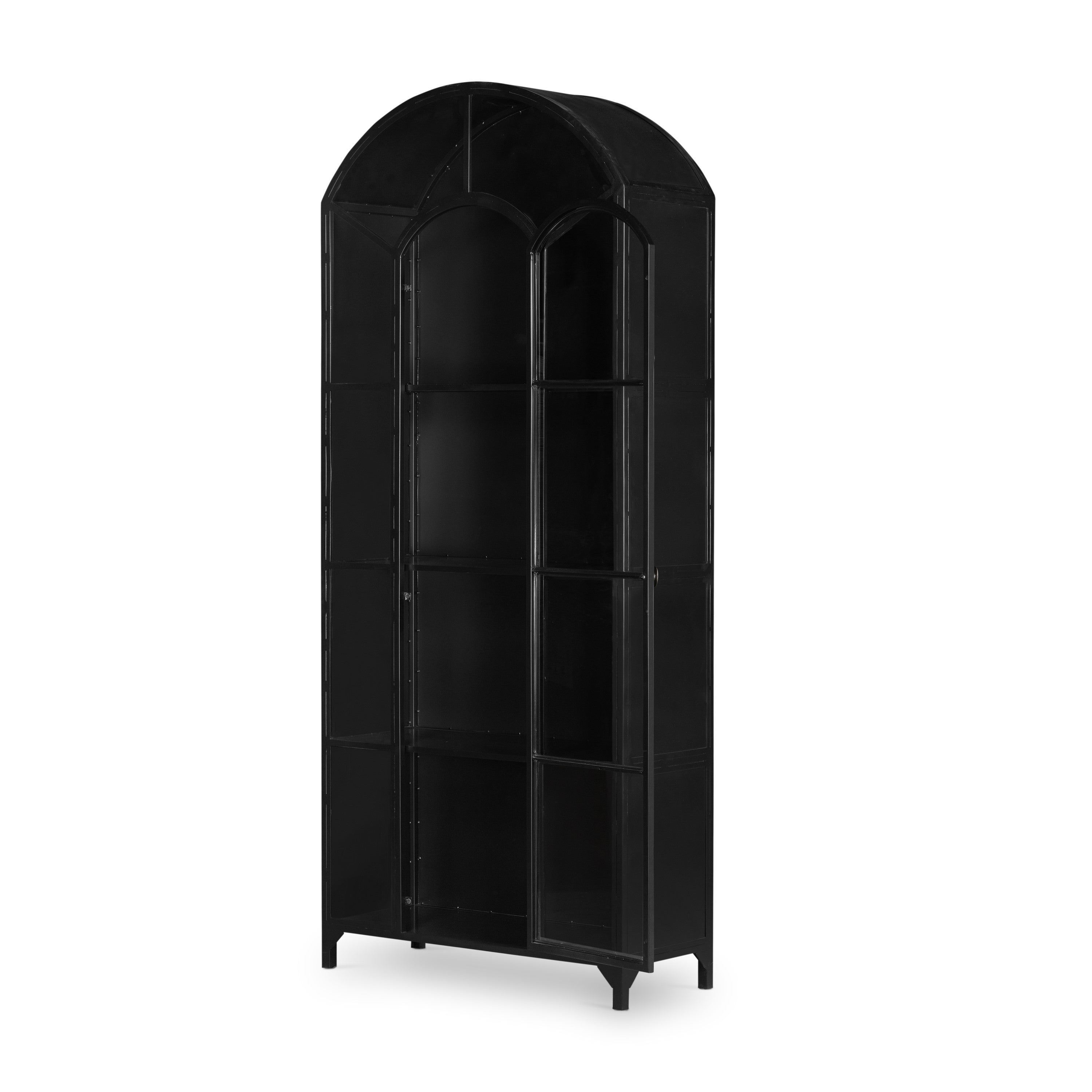 large black metal cabinet with rounded top