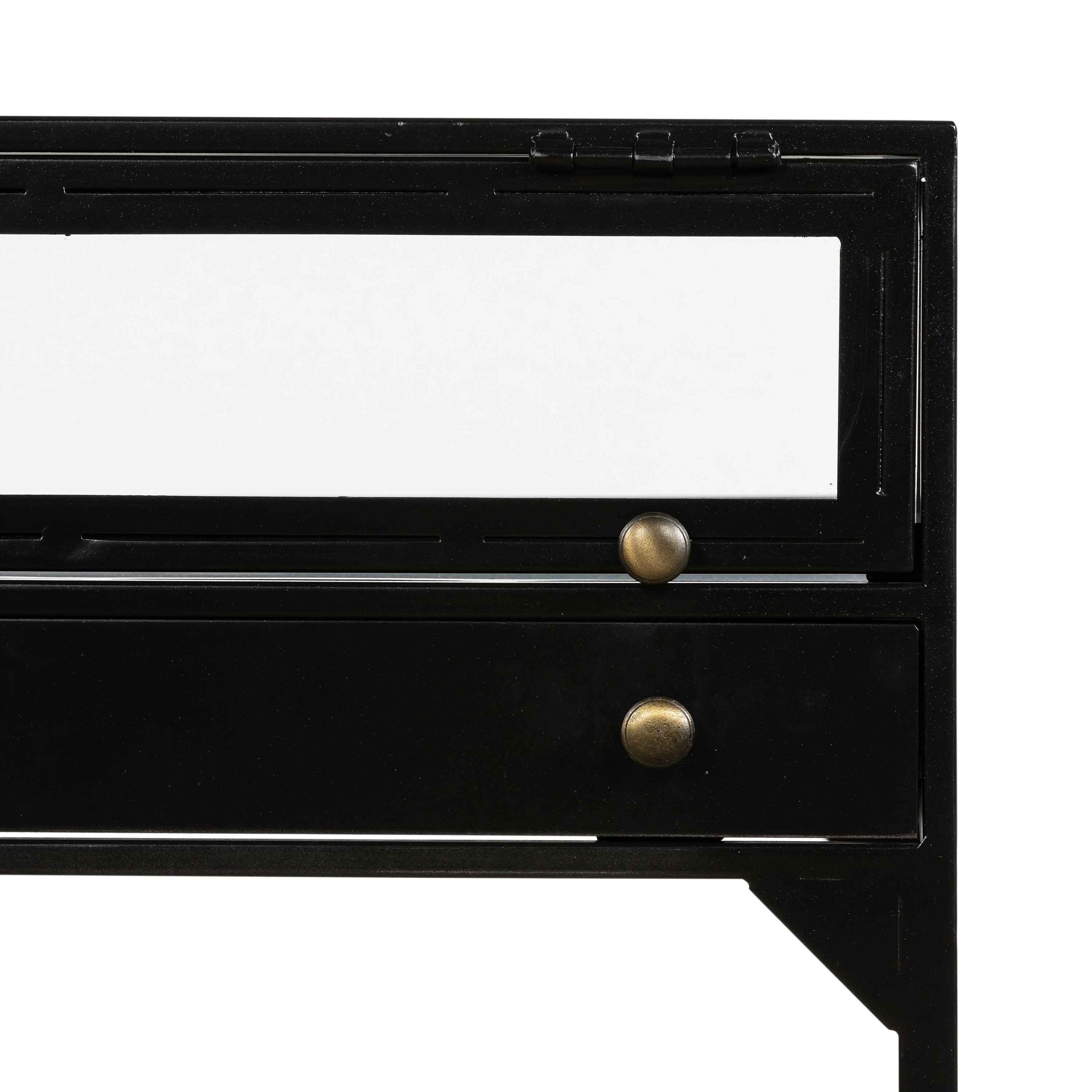 black metal end table with glass shadow box top and small drawer with brass hardware