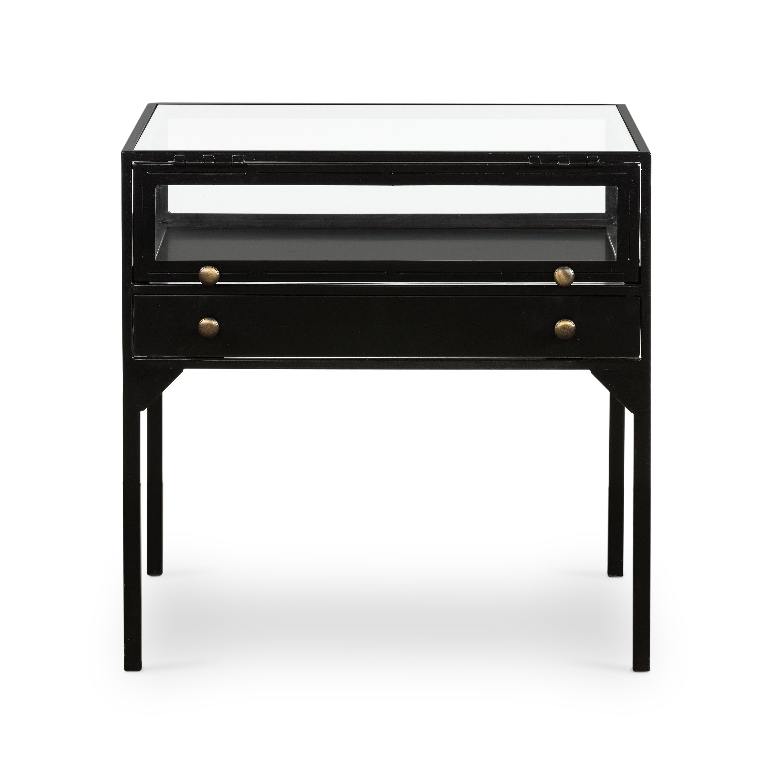 black metal end table with glass shadow box top and small drawer with brass hardware