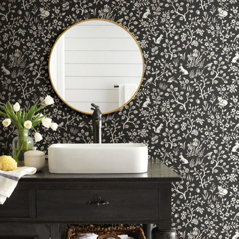 black and white woodland sketch patterned wallpaper 