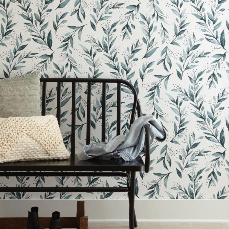 teal olive branch pattern on white wallpaper