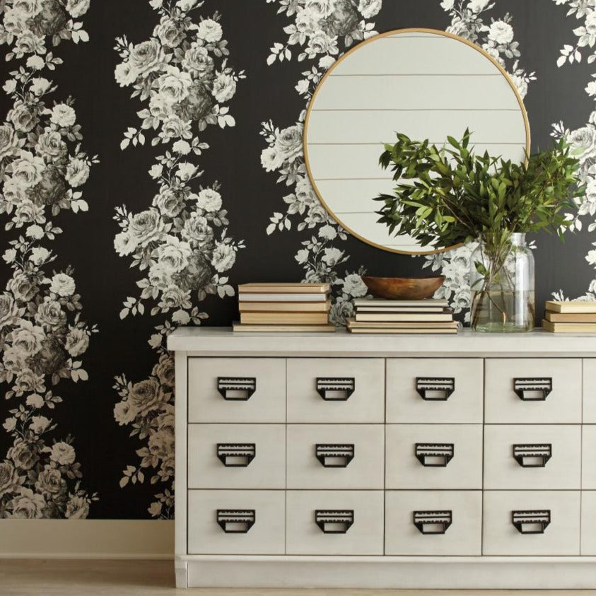 white rose pattern on black wallpaper