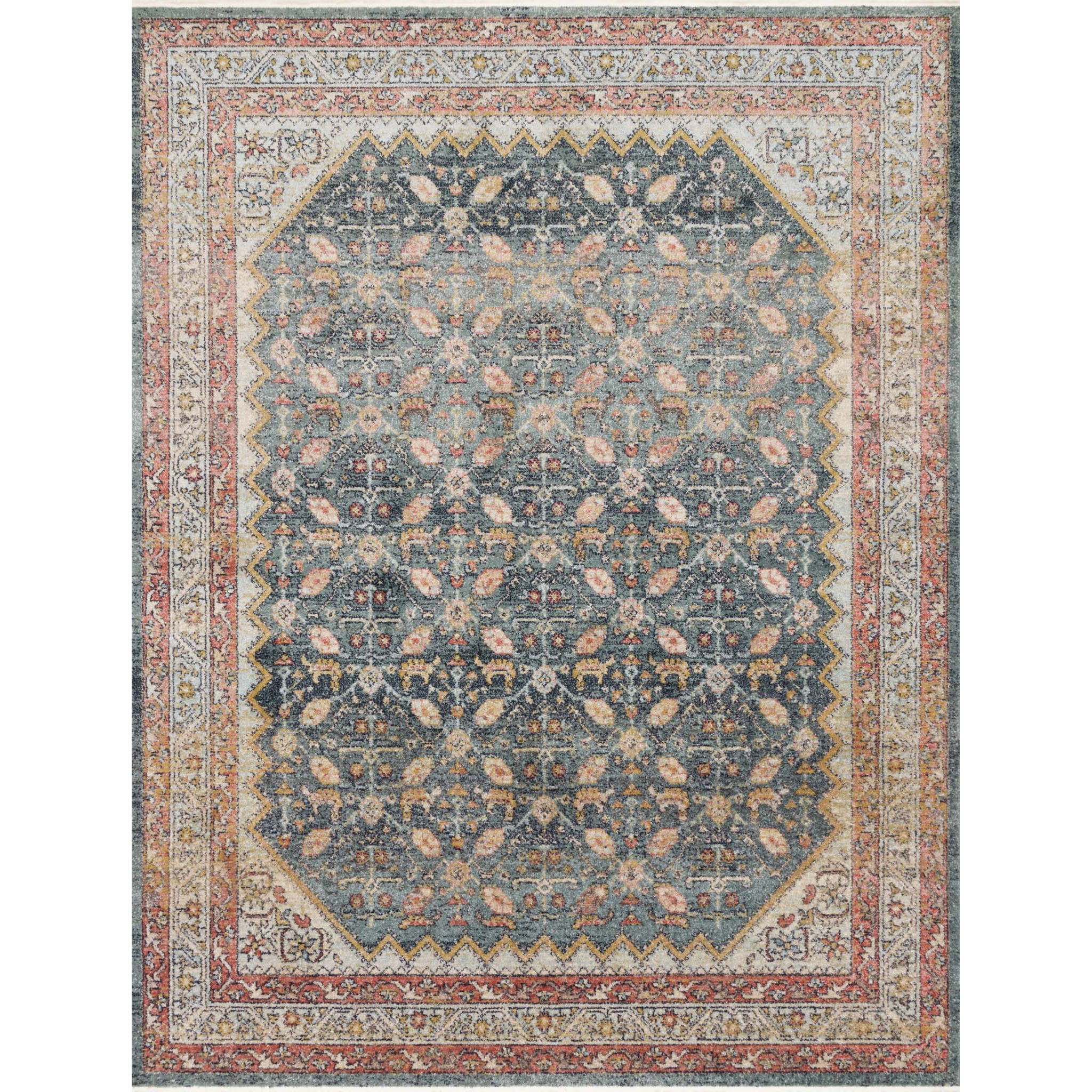 slate blue rug with persimmon edge detail