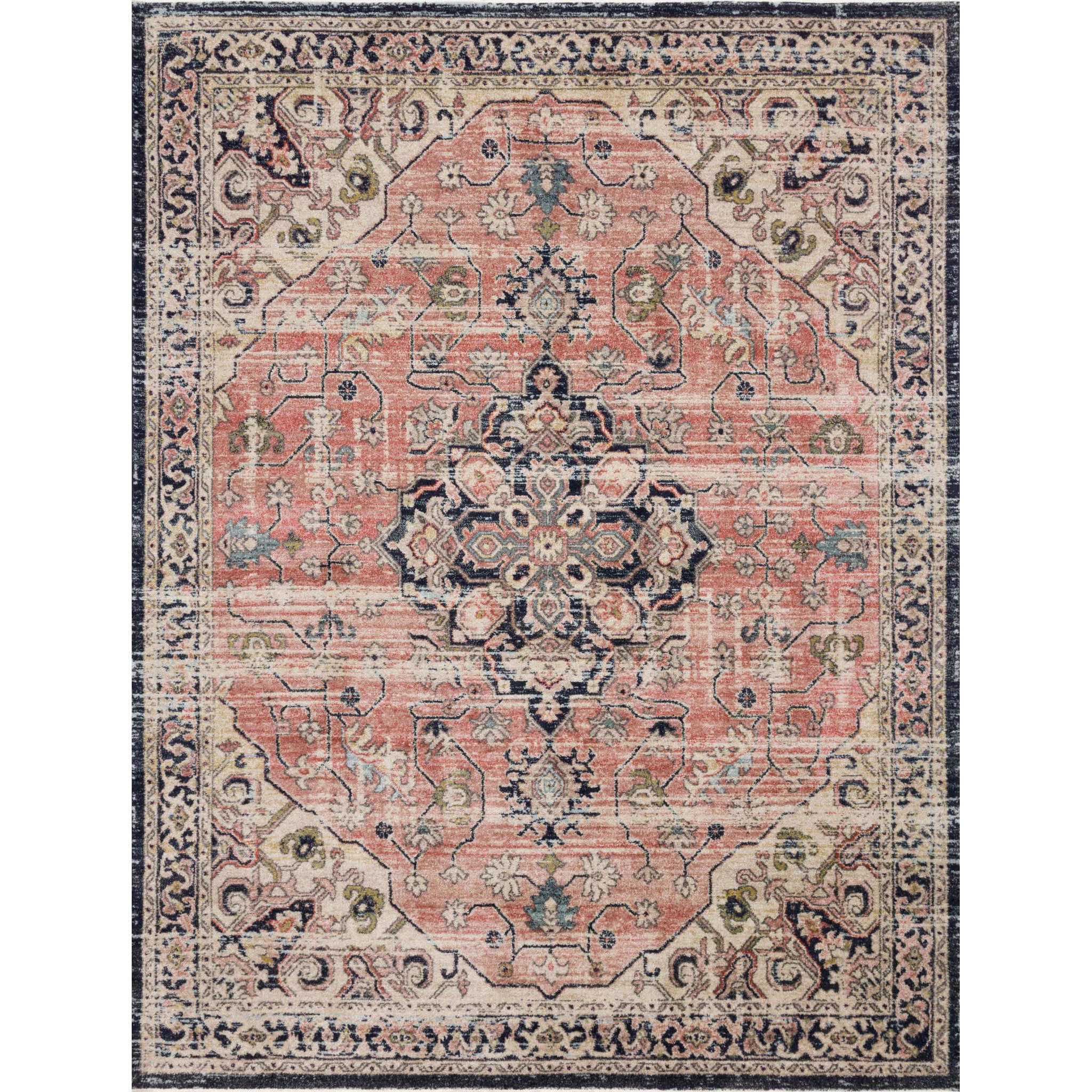 distressed orange and navy rug with traditional detail