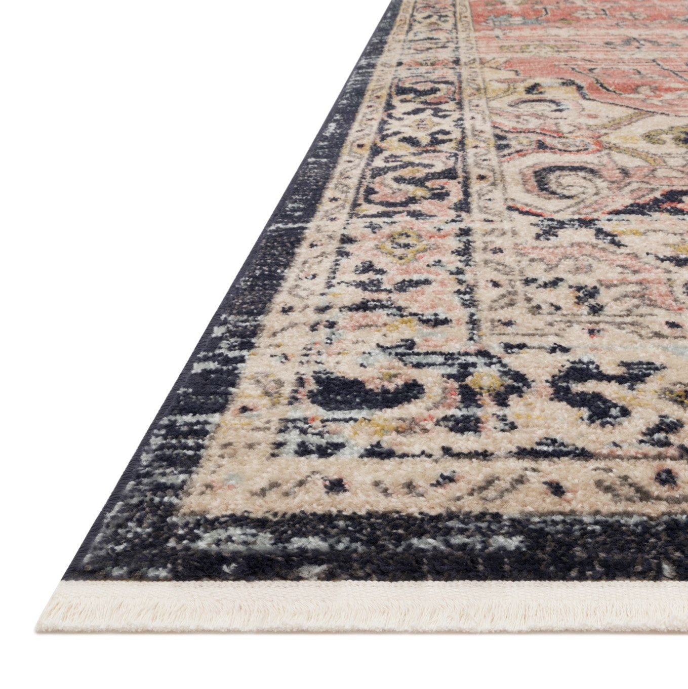 distressed orange and navy rug with traditional detail